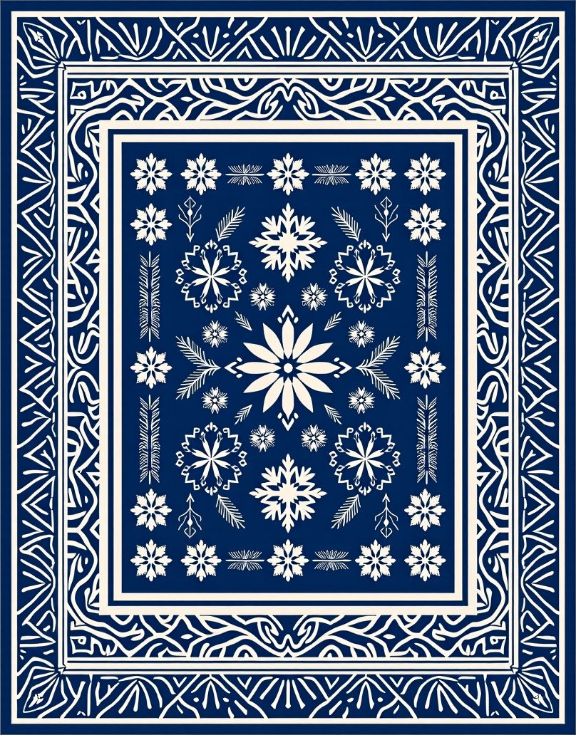 Navy White Snowflake Floral Pattern Rug