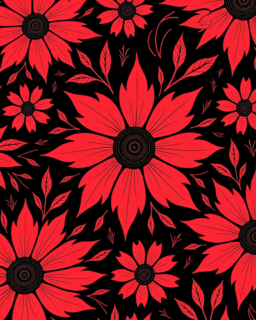 Bold Red Floral Botanical Pattern Rug