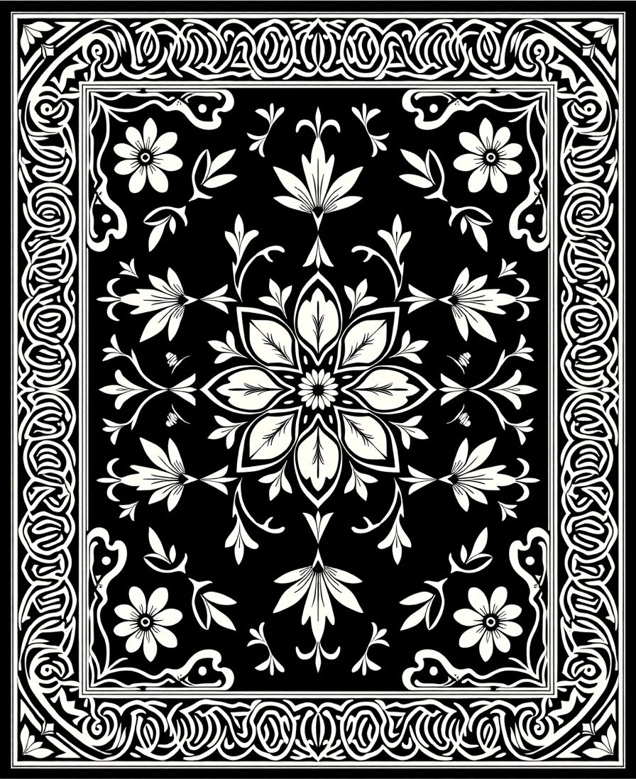 Black White Floral Medallion Tapestry Design Rug