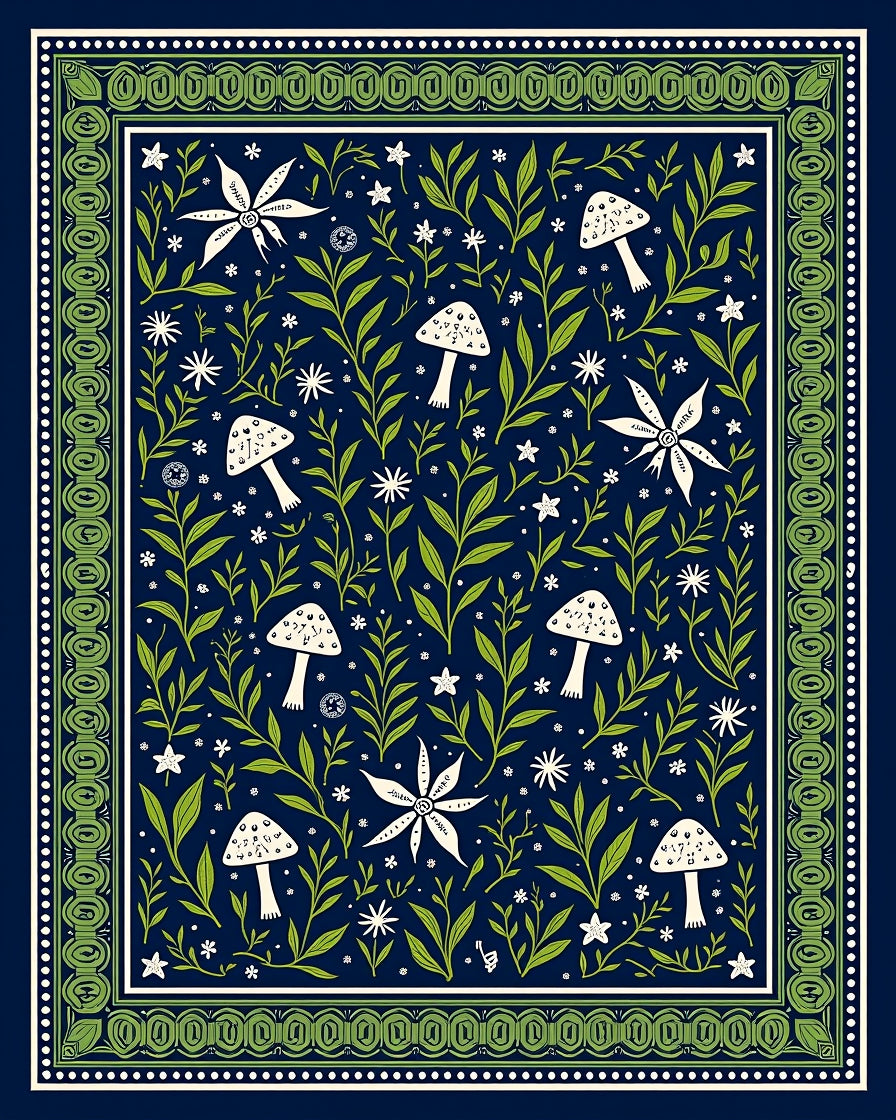 Whimsical Mushroom Floral Garden Motif Rug