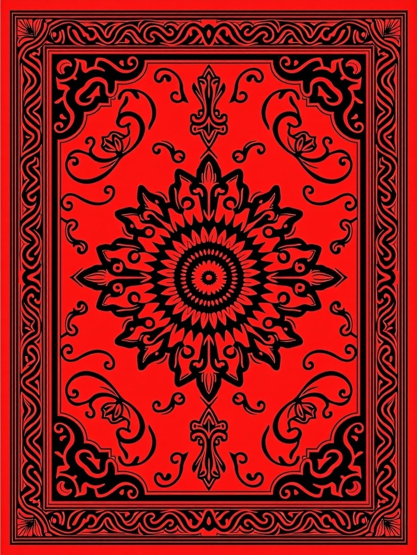 Bold Red Black Floral Mandala Design Rug
