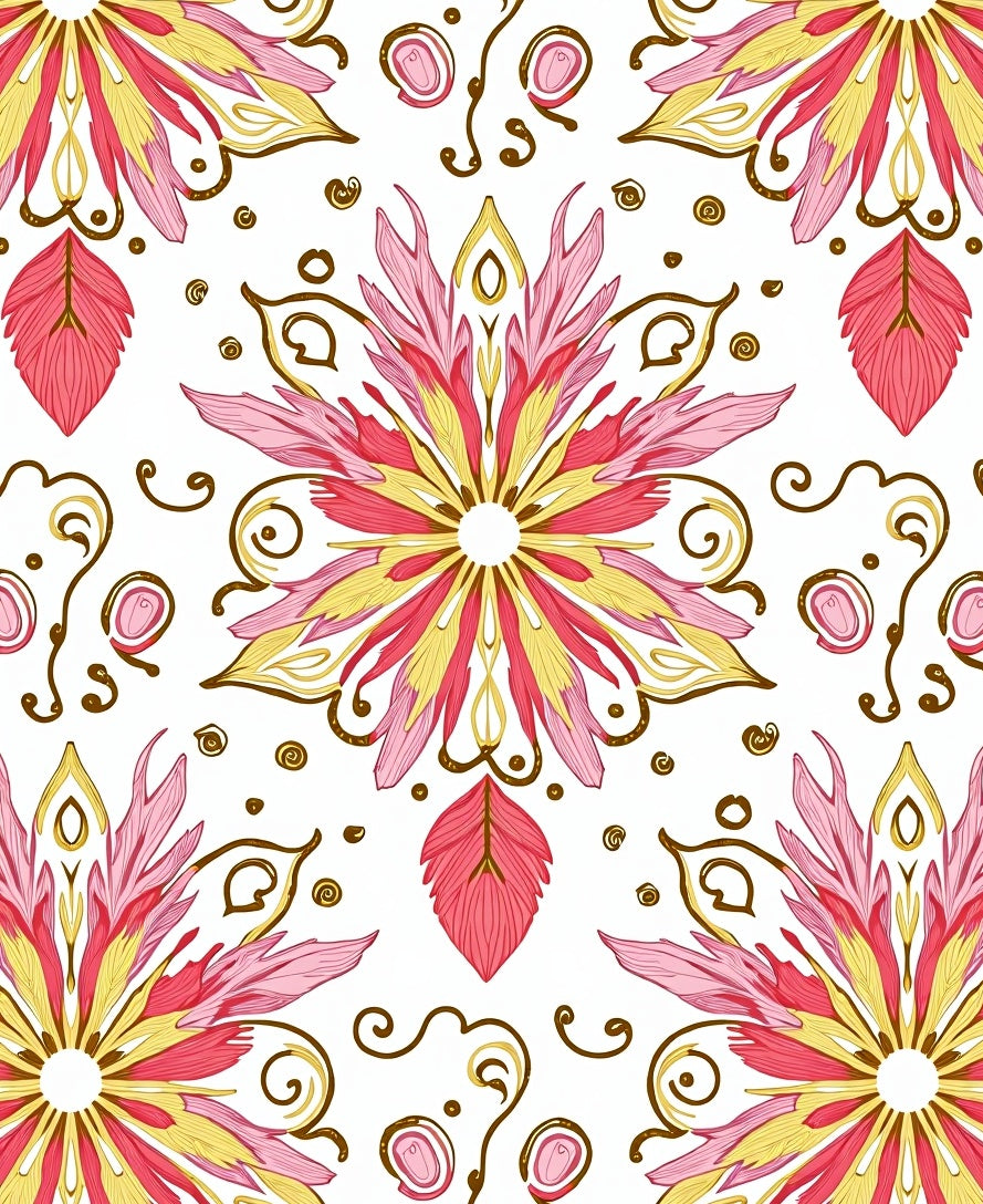 Pink Yellow Floral Scroll Pattern Rug