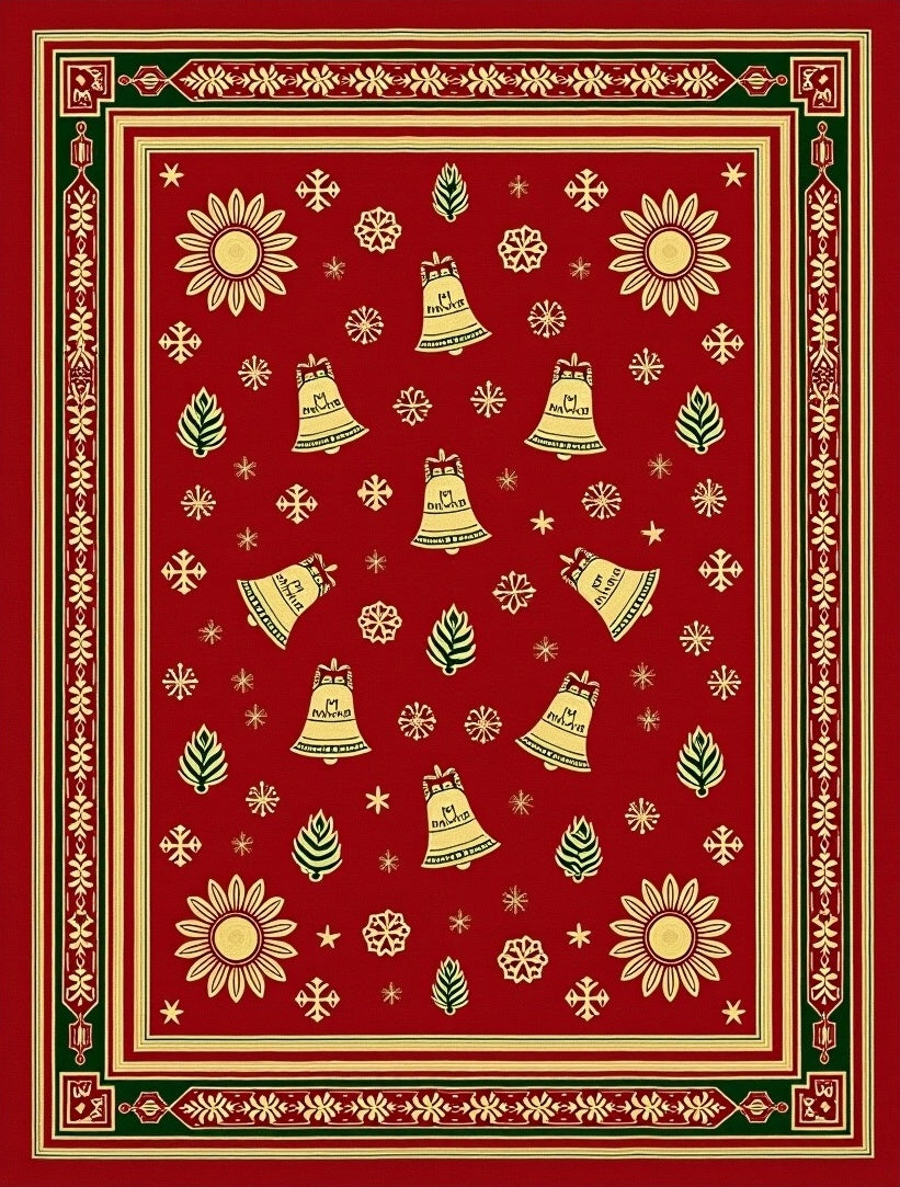 Festive Red Gold Bell Snowflake Rug