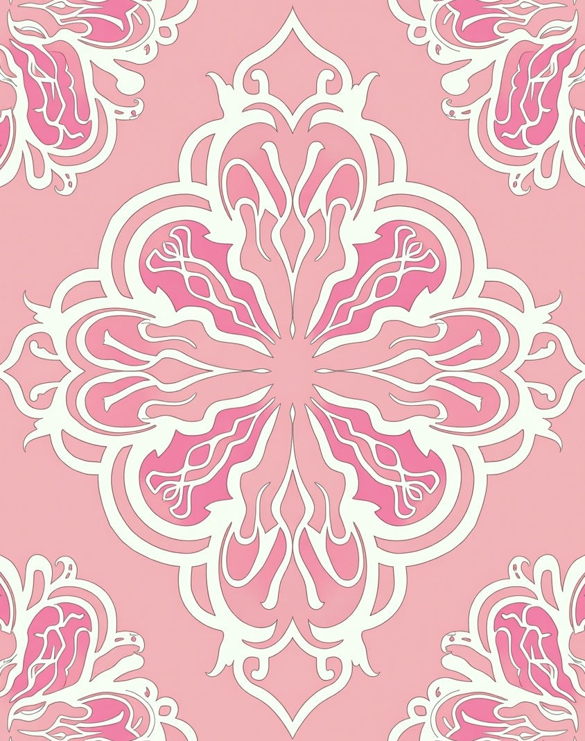 Ornate Pink White Floral Pattern Rug
