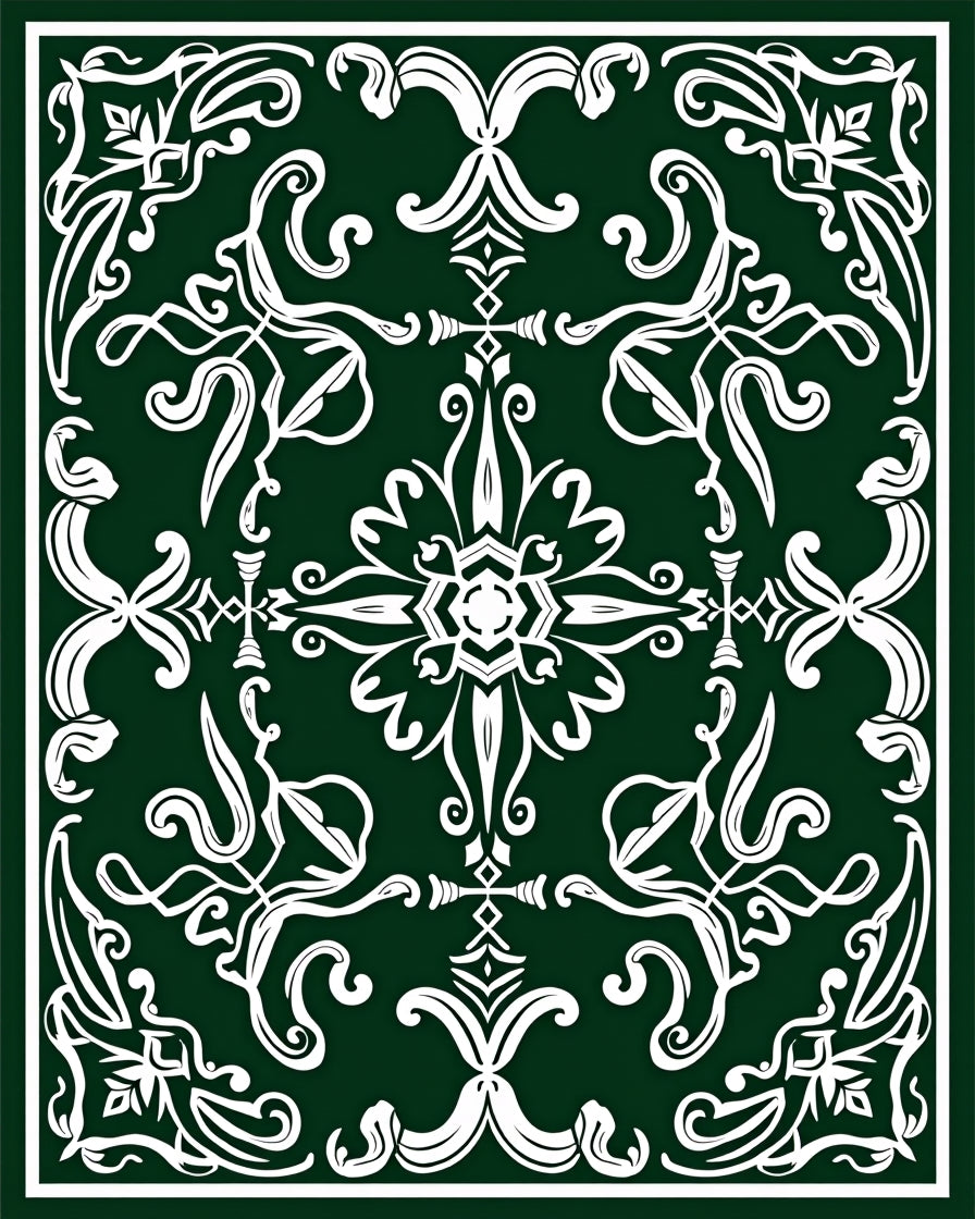 Classic Scrollwork Dark Green White Pattern Rug