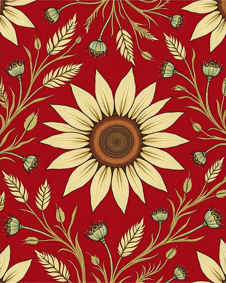 Bold Red Sunflower Botanical Pattern Rug