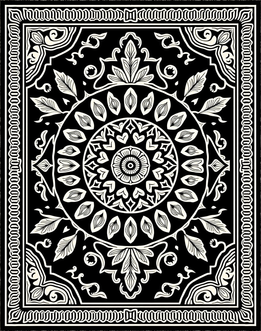 Classic Floral Mandala Black White Pattern Rug