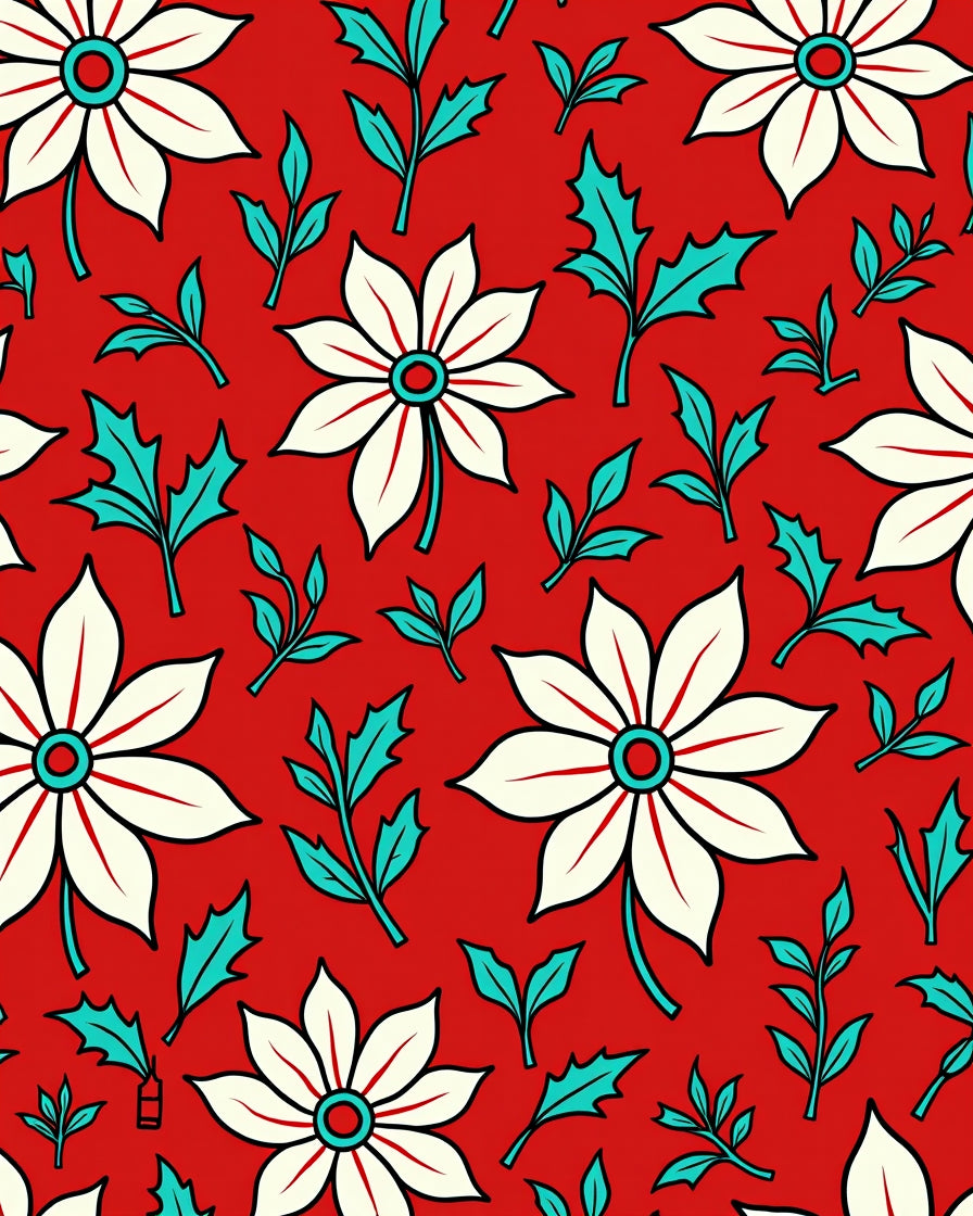 Bold Red Floral Leaf Pattern Rug