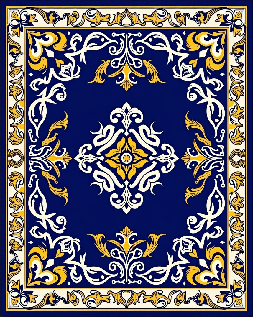 Vibrant Navy Floral Medallion Frame Rug