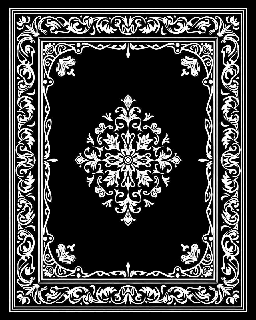 Black White Elaborate Scroll Pattern Rug