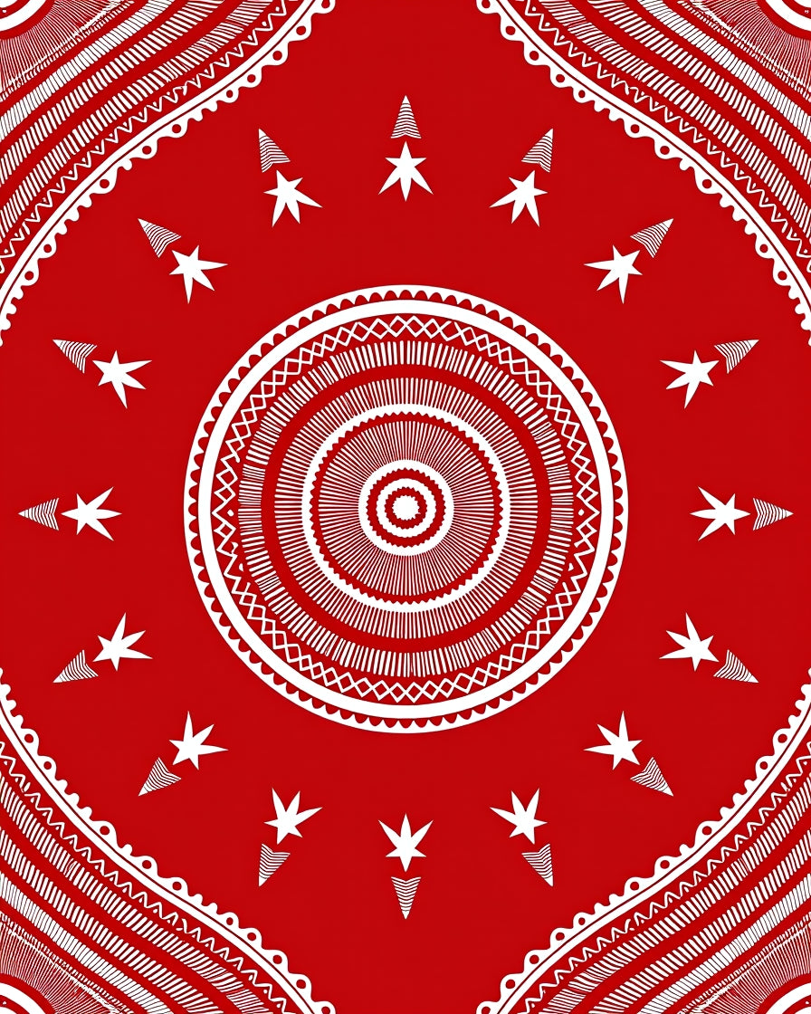 Red White Tribal Sunburst Pattern Rug