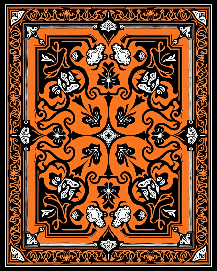 Vibrant Orange Black Floral Medallion Design Rug