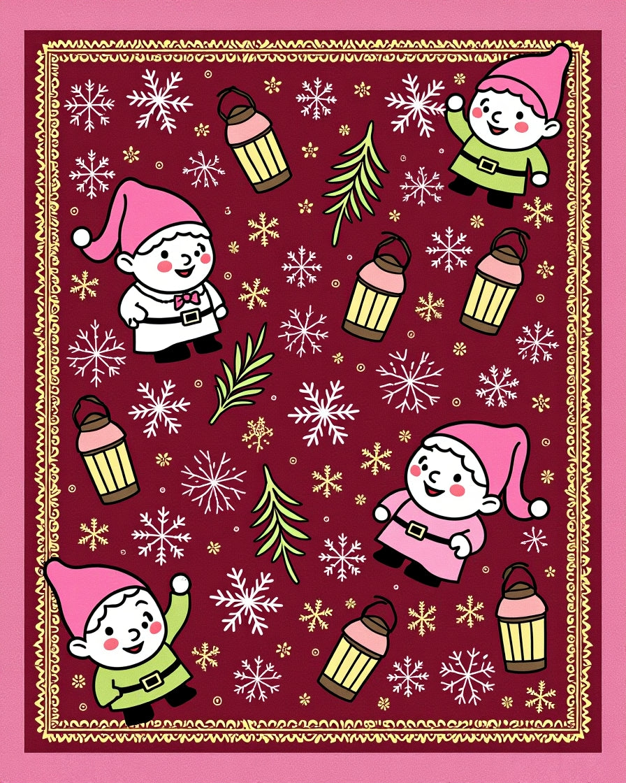 Festive Gnome Snowflake Pattern Print Rug