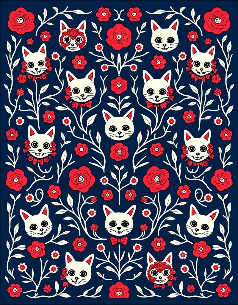 Whimsical Cat Rose Floral Pattern Rug