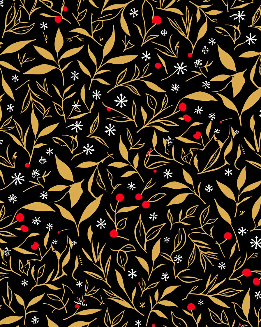 Golden Branches Red Berries Snowflakes Rug