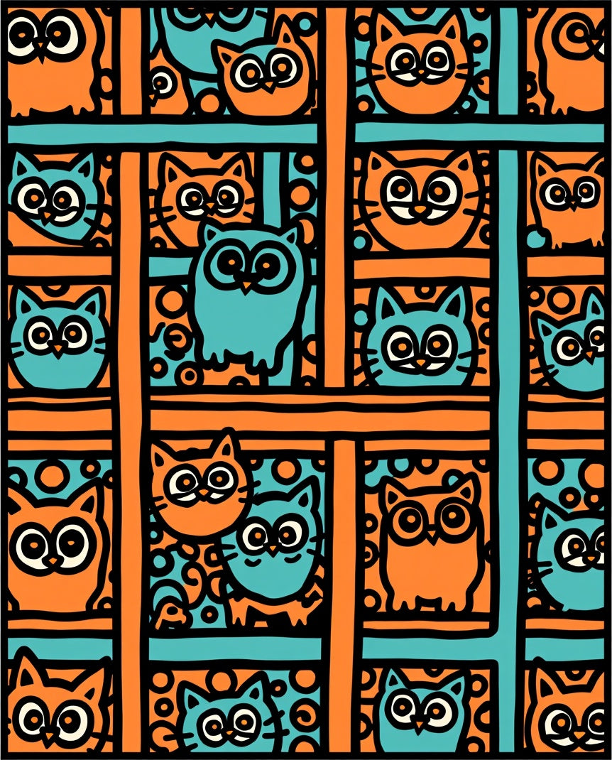Orange Teal Cats Owls Pattern Rug