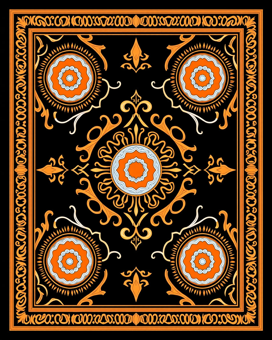 Golden Orange Black Floral Mandala Rug