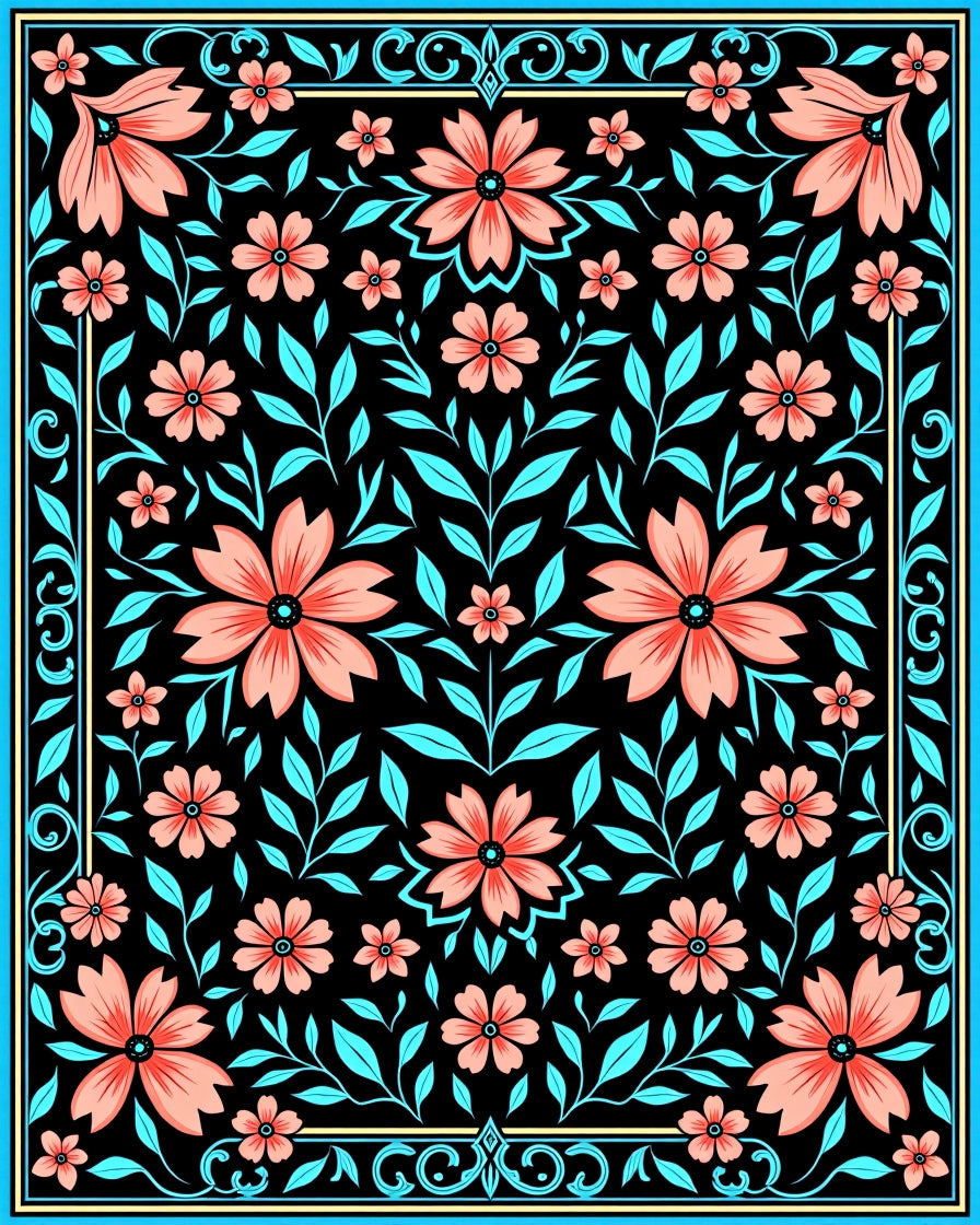 Coral Floral Design With Teal Leaves Rug