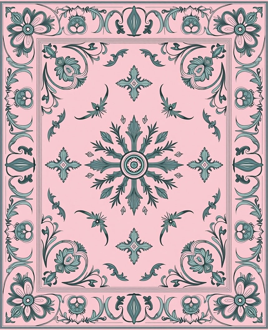 Ornate Floral Scrollwork Light Pink Rug