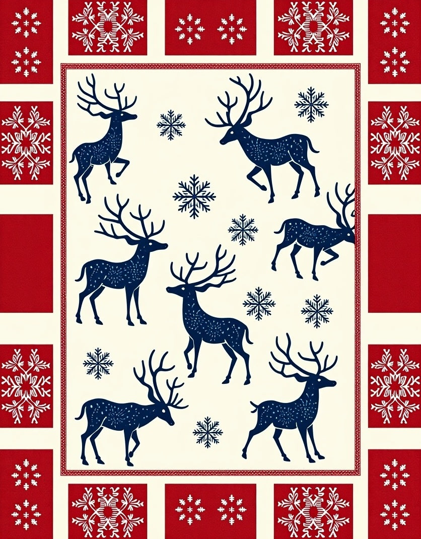 Navy Reindeer Snowflake Festive Pattern Rug