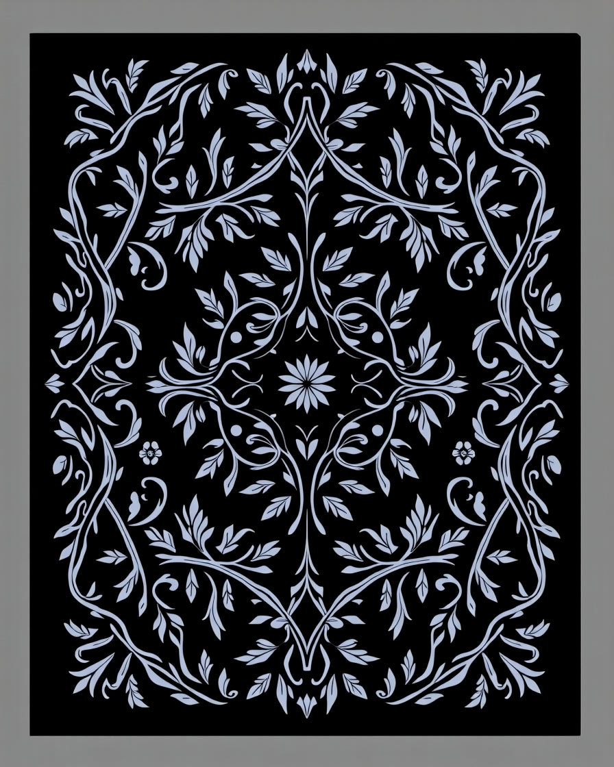 Ornate Black And White Floral Scroll Rug