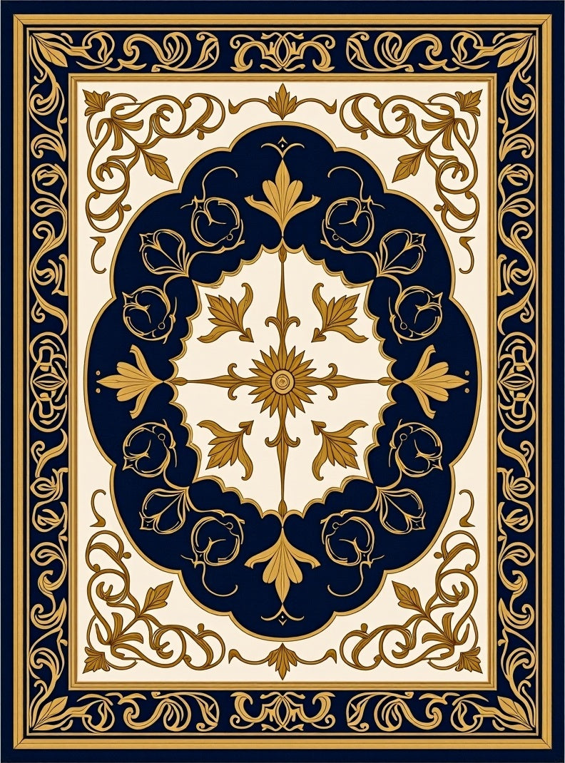 Ornate Navy Gold Floral Scroll Rug