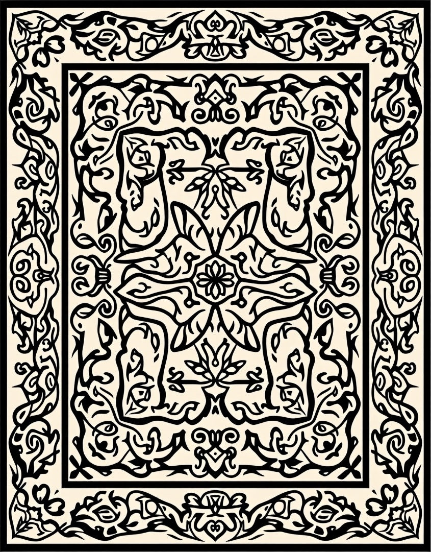 Vintage Black Ivory Floral Pattern Rug