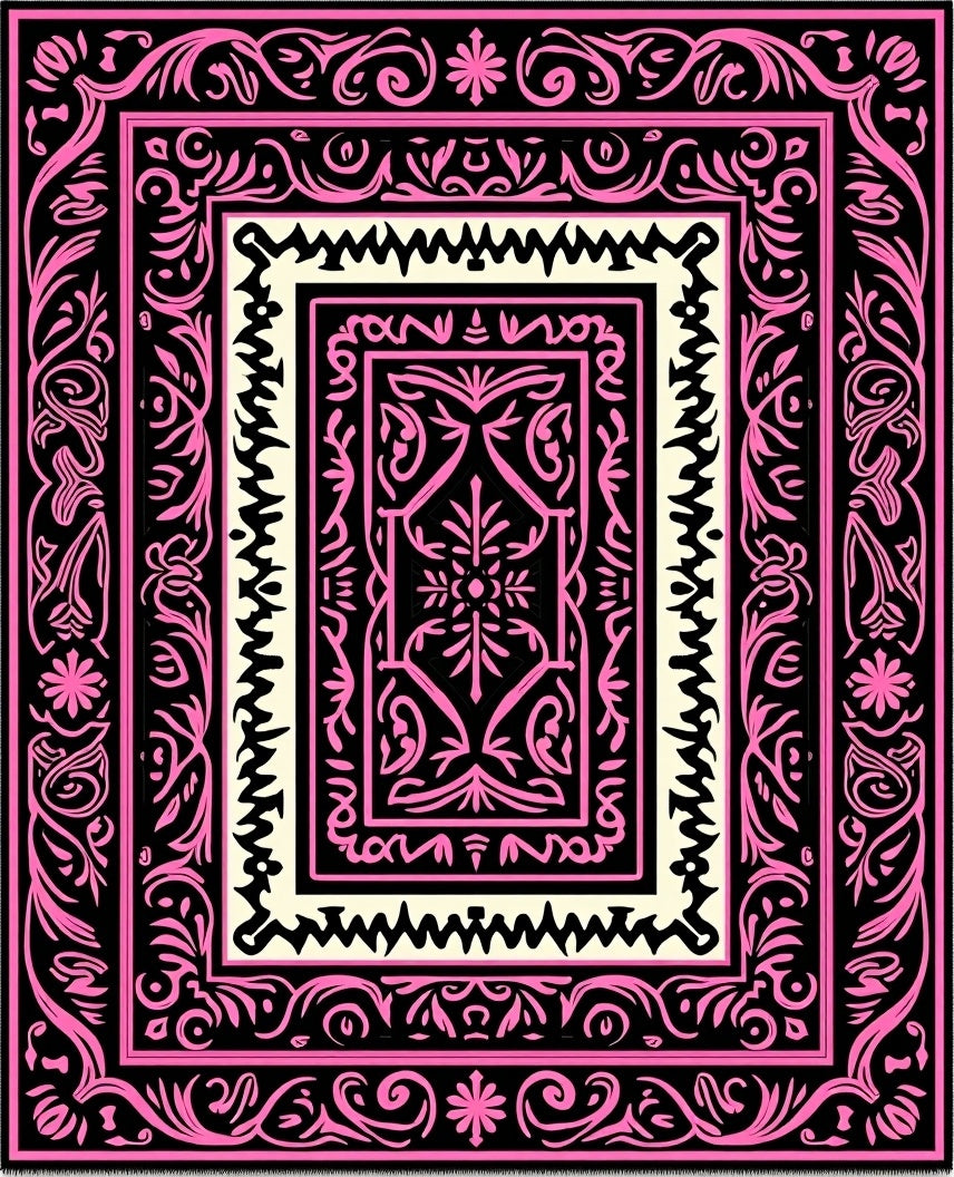 Pink Black Floral Medallion Frame Rug