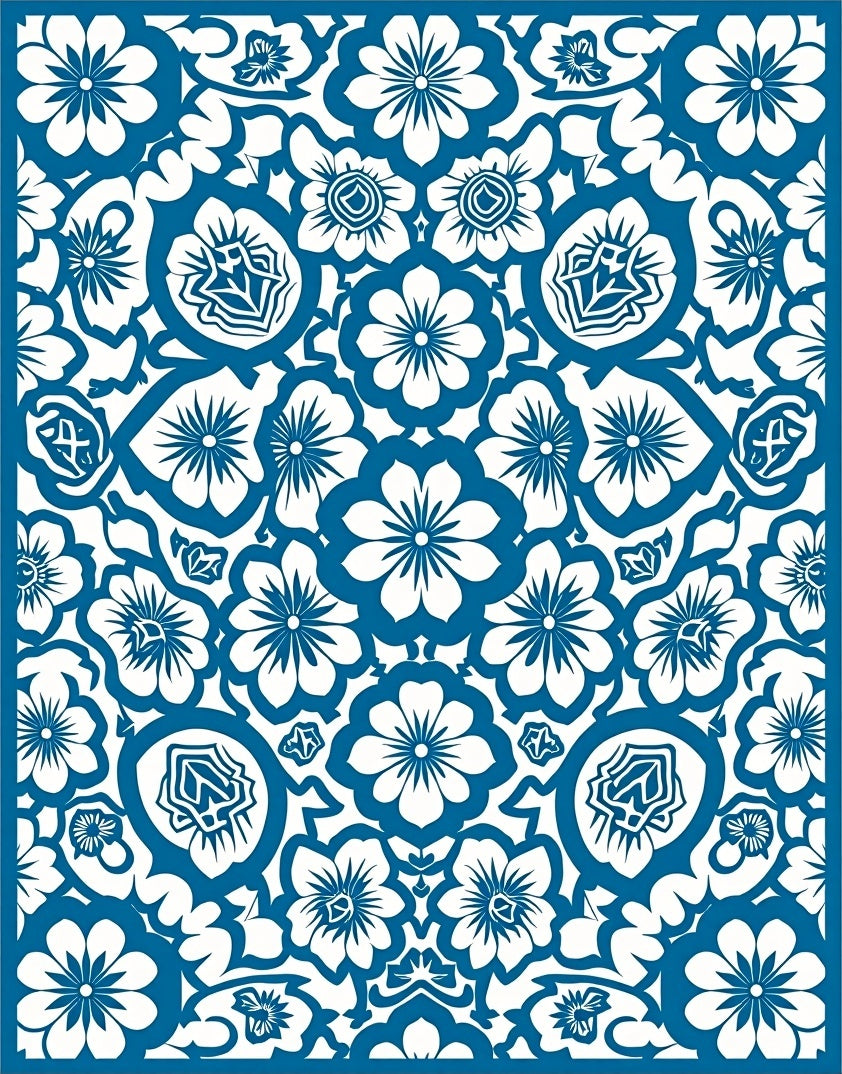 Classic Blue White Floral Damask Pattern Rug