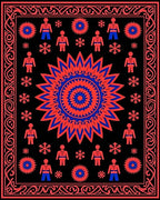 Red Blue Central Sun Figures Border Rug