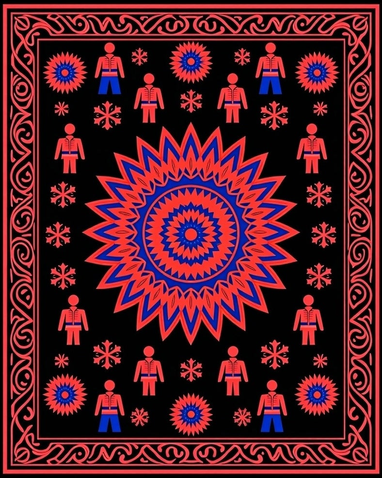 Red Blue Central Sun Figures Border Rug