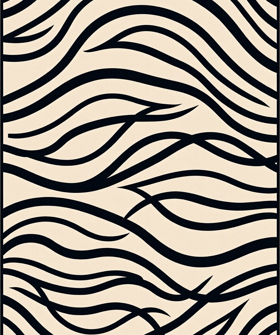 Cream Black Abstract Wavy Strokes Rug