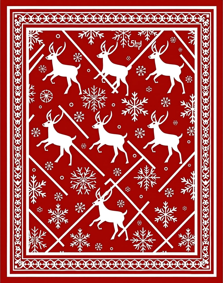 Red White Reindeer Snowflakes Pattern Rug