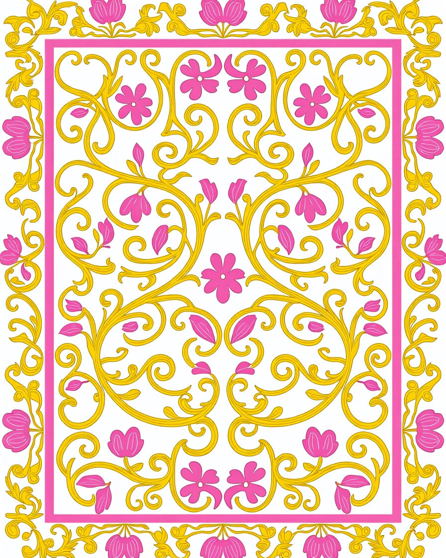 Pink Gold Floral Swirl Pattern Rug