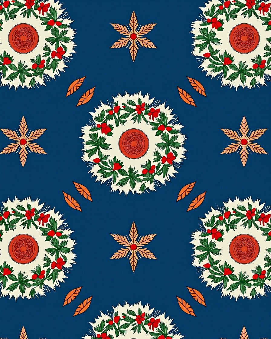 Botanical Wreath Star Indigo Pattern Rug