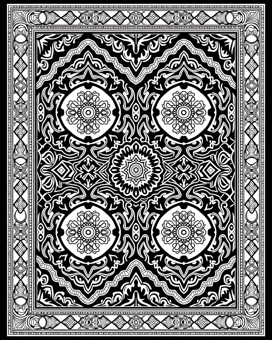 Intricate Black White Floral Border Rug