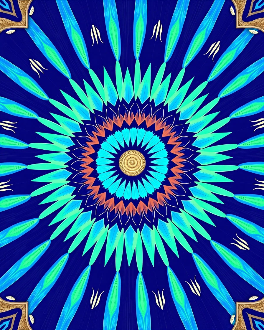 Radiant Blue Green Floral Mandala Rug