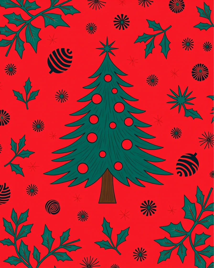 Festive Christmas Tree Holly Pattern Rug