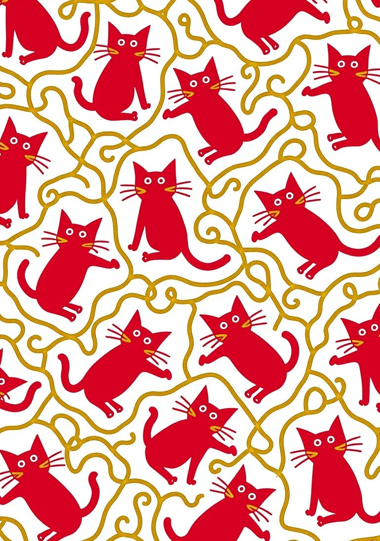 Playful Red Cats Gold Swirl Pattern Rug