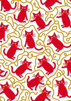 Playful Red Cats Gold Swirl Pattern Rug