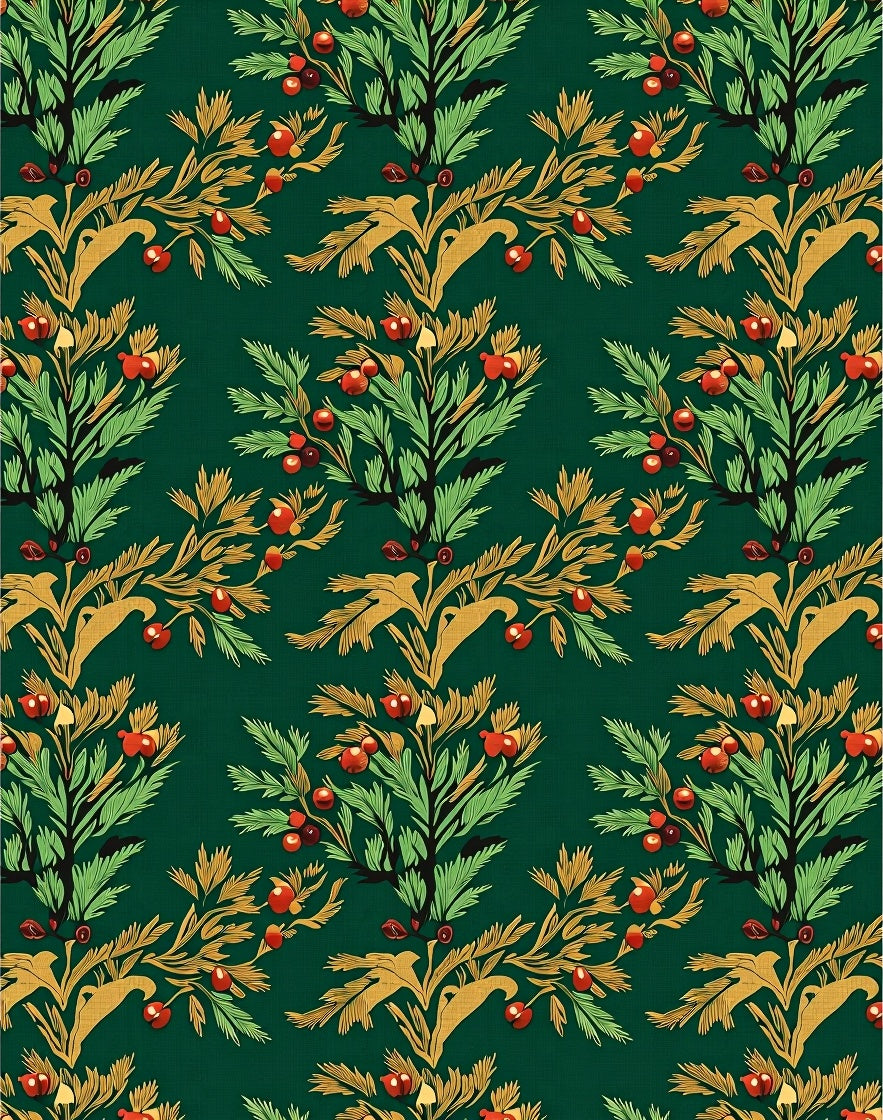 Green Red Gold Floral Vine Pattern Rug