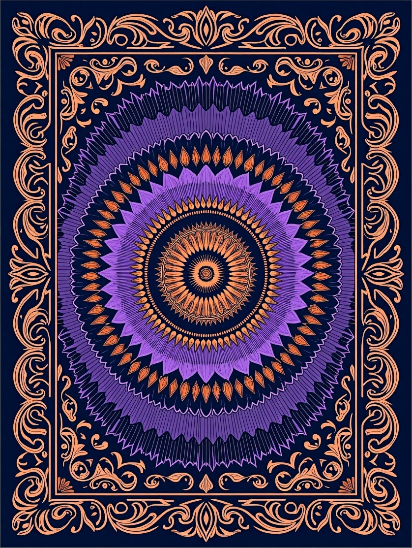 Intricate Orange Purple Mandala Design Rug
