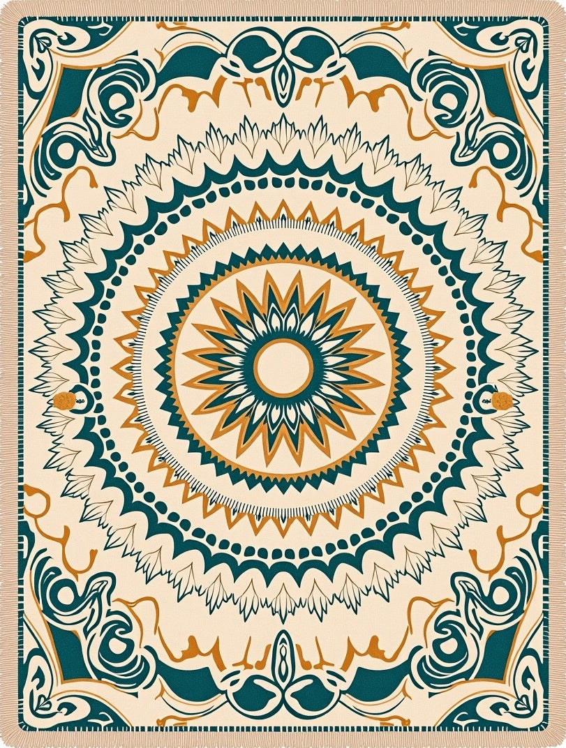 Teal Ochre Sunburst Mandala Rug