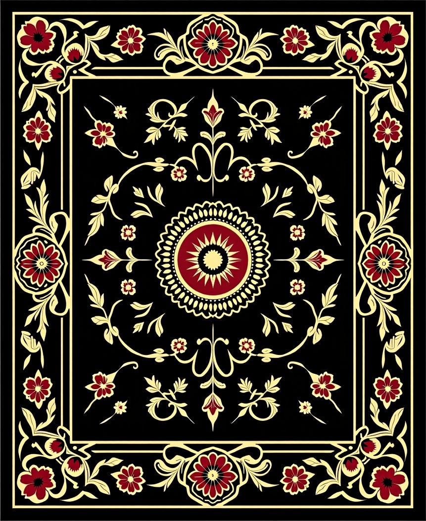 Red Floral And Golden Vine Design Rug