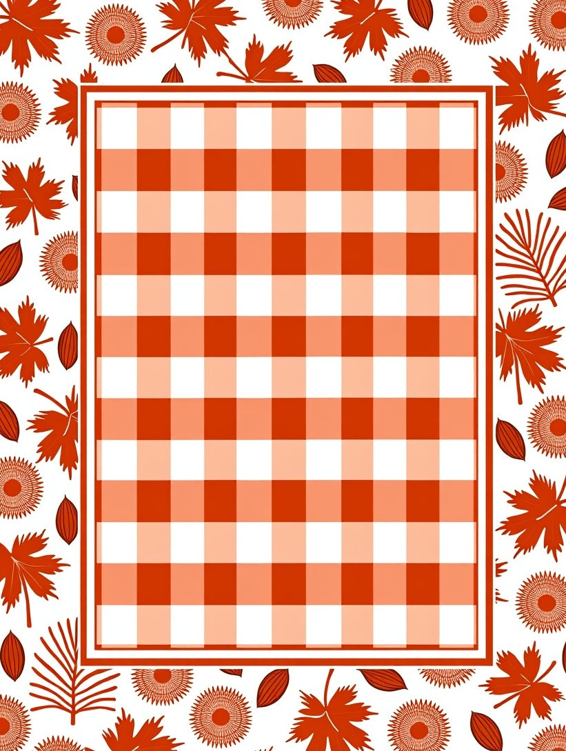 Orange Gingham Leafy Border Design Rug