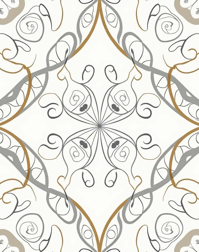 Subtle Gray Gold Swirl Motif Rug