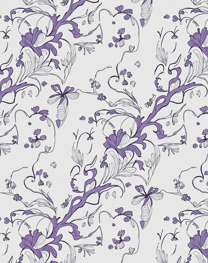 Elegant Purple Floral Line Drawing Rug