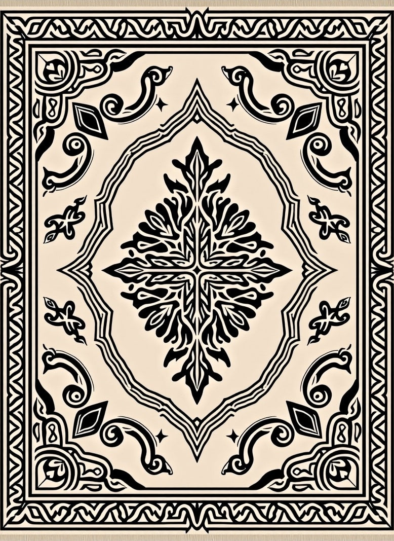 Cream and Black Ornate Scroll Medallion Rug