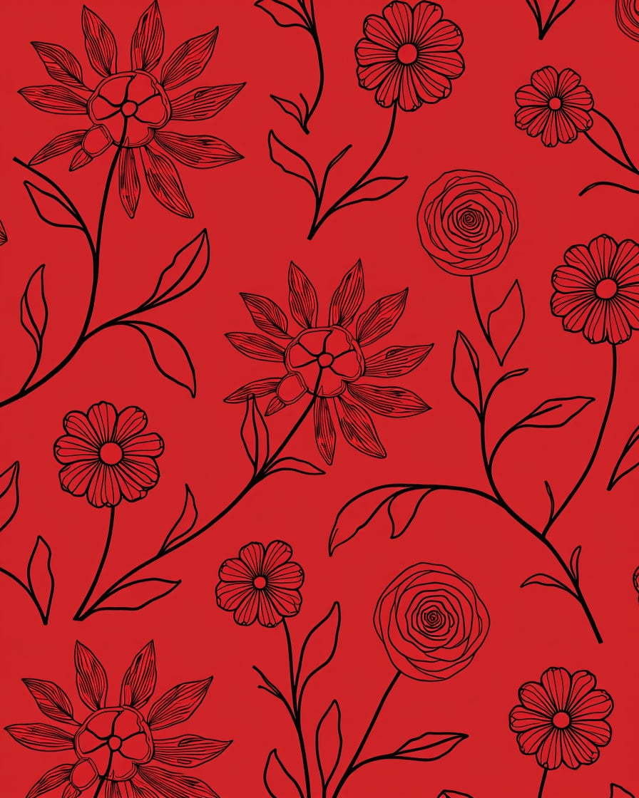 Bold Floral Outline Red Design Rug