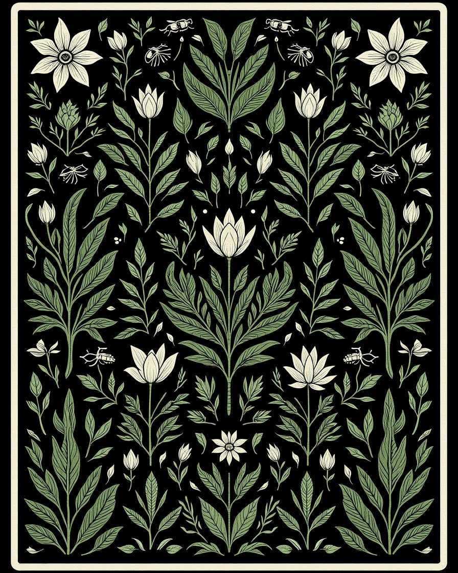 Botanical Black Floral Garden Arrangement Rug